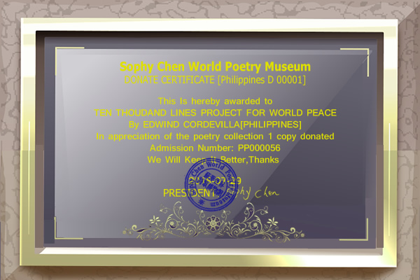 苏菲世界诗歌博物馆成立，授予[菲律宾]诗人 埃德温•酷迪威尔的捐赠征书